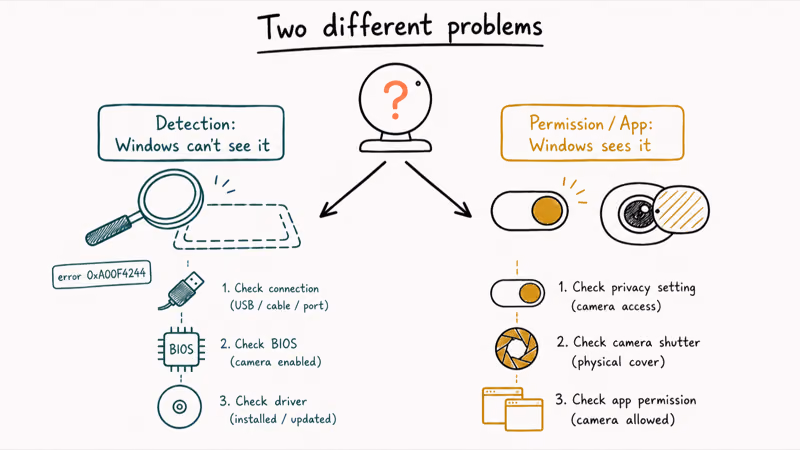 Branching chart splitting a Windows 11 camera fault into detection problems versus permission and app problems