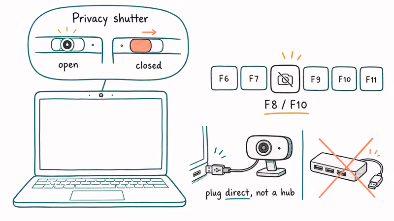 Laptop webcam with a sliding privacy shutter and a function key that disables the camera