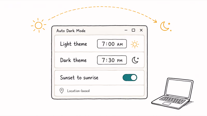 Auto Dark Mode app schedule panel with light and dark theme times and sunset to sunrise toggle.