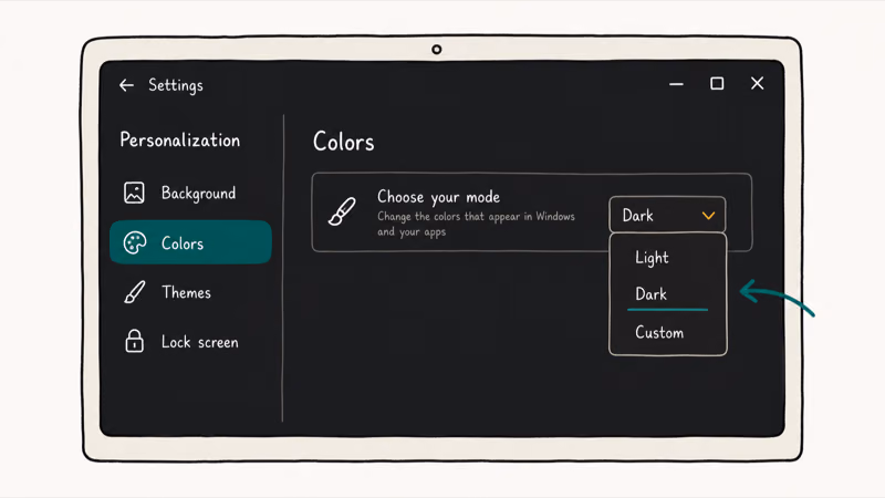 Windows 11 Settings Colors page with the Choose your mode dropdown open and Dark highlighted.