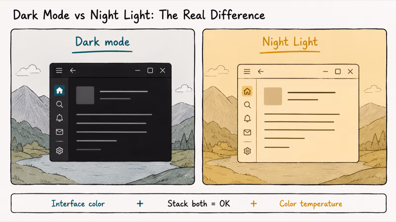 Side by side panels comparing the dark theme interface color and Night Light warm screen tint.
