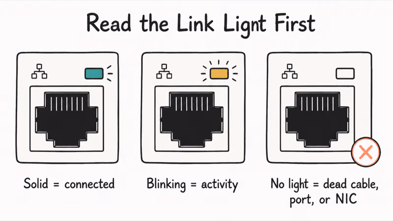 Ethernet port link lights showing solid, blinking, and no light diagnostic states