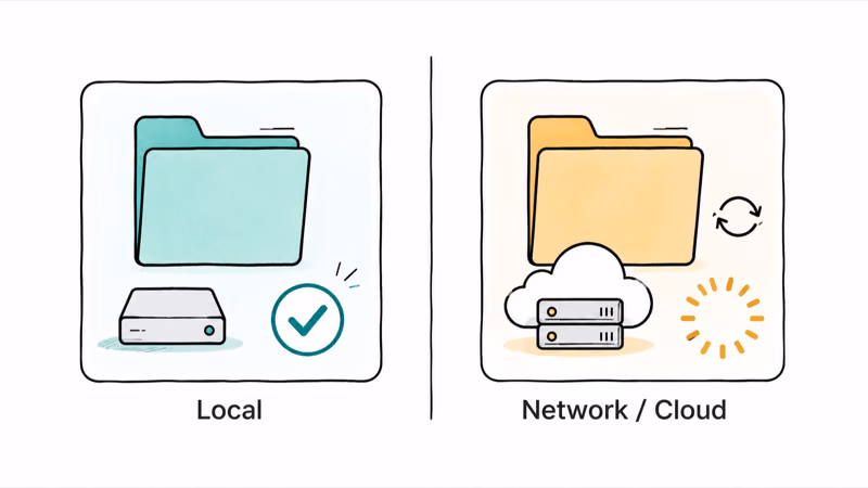 Testing a local folder against a slow network or cloud folder to isolate freezes