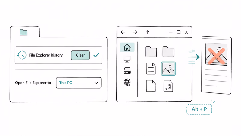 Clearing Quick Access history and toggling off the File Explorer preview pane