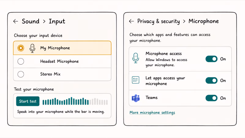 Windows 11 Sound input selection and microphone privacy permission toggles shown side by side