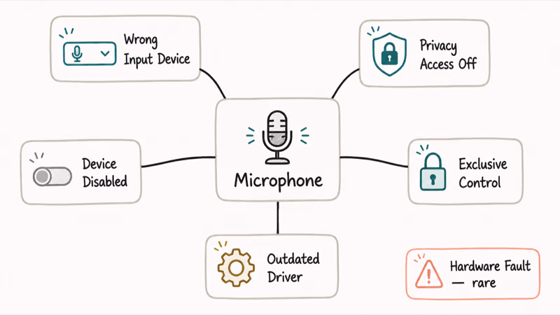 Hand-drawn overview of five common Windows 11 microphone failure causes with icons