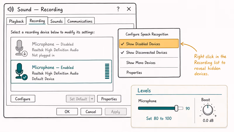 Classic Recording panel revealing a disabled microphone and the Levels tab volume slider