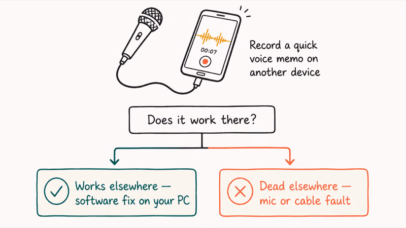 Decision path showing the second-device test splitting hardware faults from software microphone problems