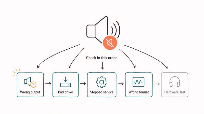 Map of common Windows 11 no sound causes ordered from output device to hardware