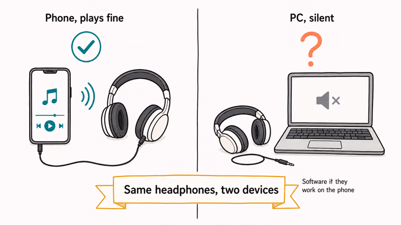 Testing the same headphones on a phone and a PC to isolate Windows 11 audio hardware