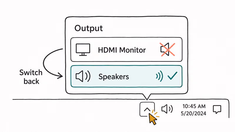 Windows 11 output picker switching from a silent HDMI monitor back to laptop speakers