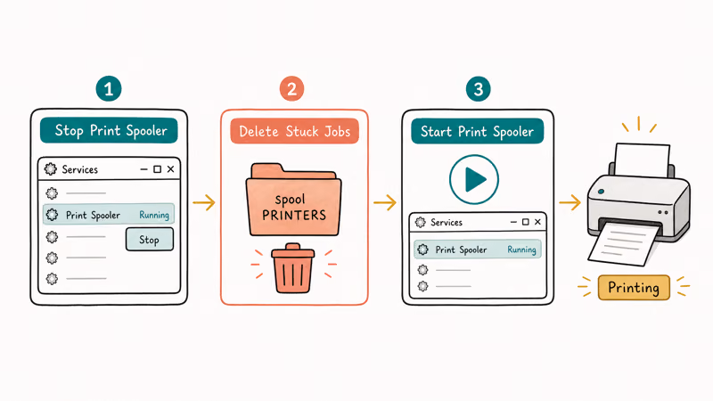 Steps to stop the Print Spooler, clear stuck jobs, and restart it