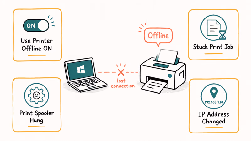 Diagram showing four common reasons Windows 11 marks a working printer offline