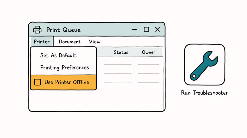Windows 11 print queue menu with the Use Printer Offline option unchecked