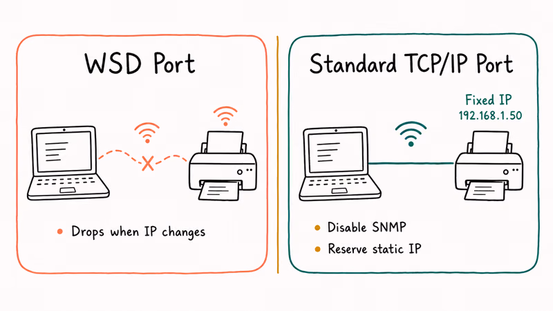 Comparison of flaky WSD port versus reliable static TCP/IP printer port setup