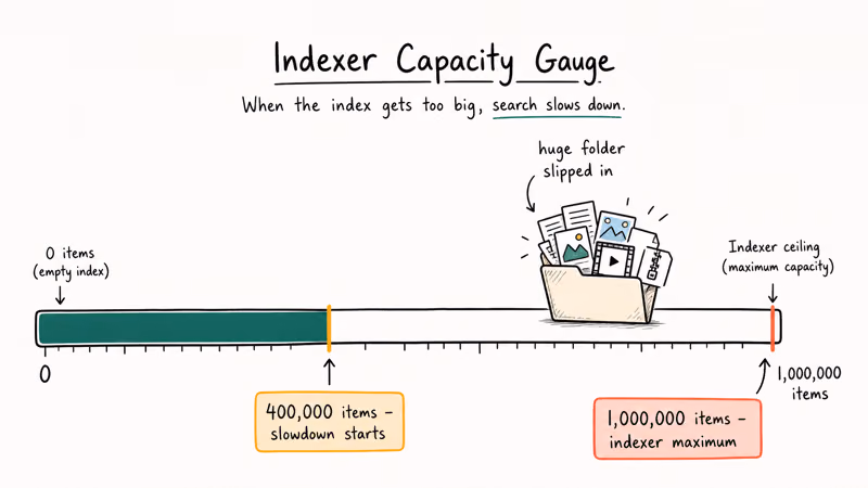 Index size thresholds showing slowdown near 400000 items and one million item maximum