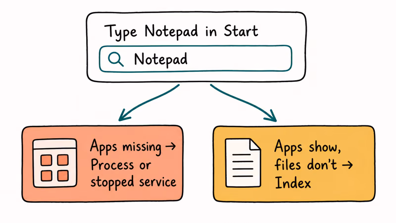 Decision test typing Notepad to tell a hung search process from a corrupt index