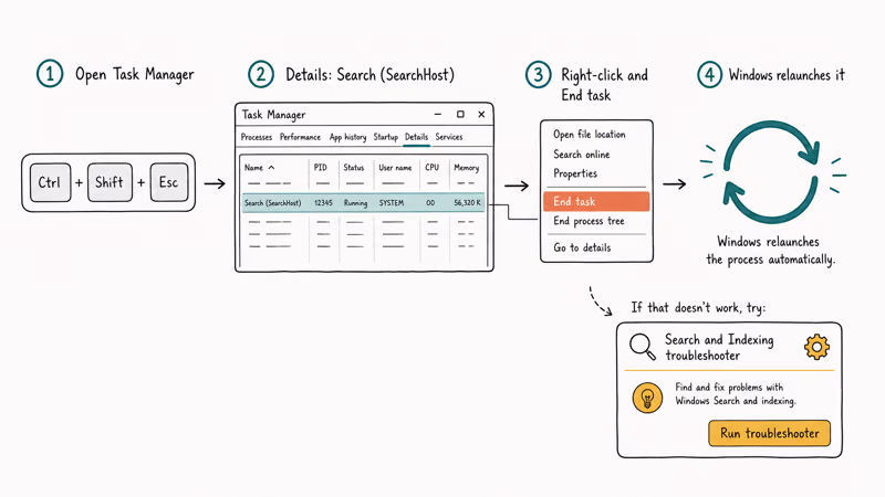 Steps to end the Search task in Task Manager and run the search troubleshooter