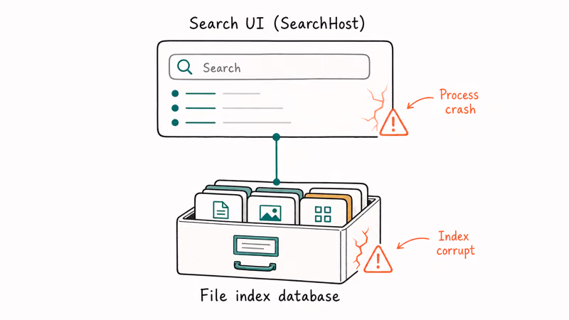 Diagram showing Windows search UI process layer above the file index database layer
