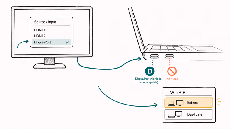 Connection chain from monitor through cable and USB-C port to laptop