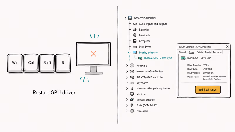 Keyboard shortcut and Device Manager steps to reset or roll back the GPU driver
