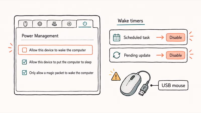 Device Manager Power Management tab with wake permission toggle and a list of wake timers