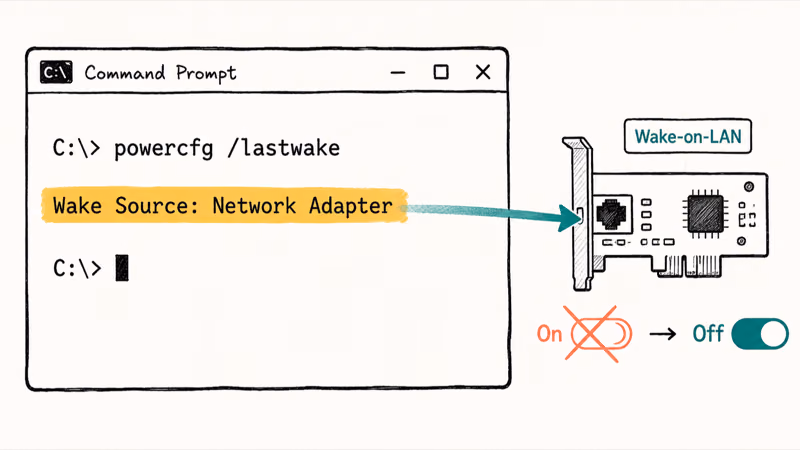 Command Prompt running powercfg lastwake and spotlighting the network adapter that woke the PC