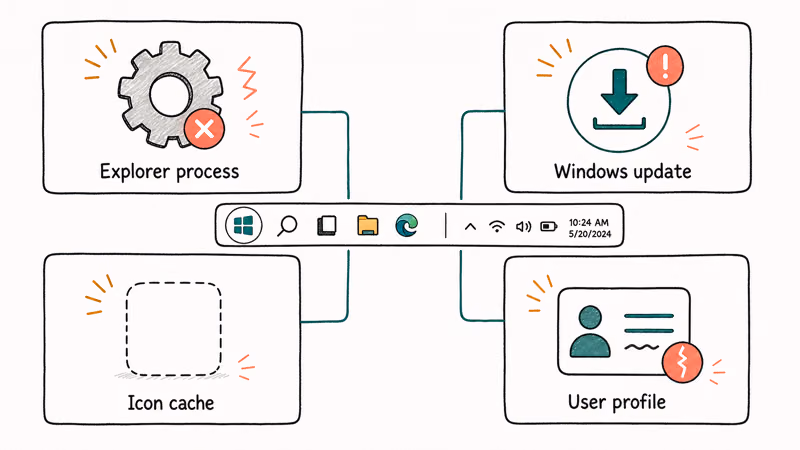 Diagram mapping four common causes of a broken Windows 11 taskbar