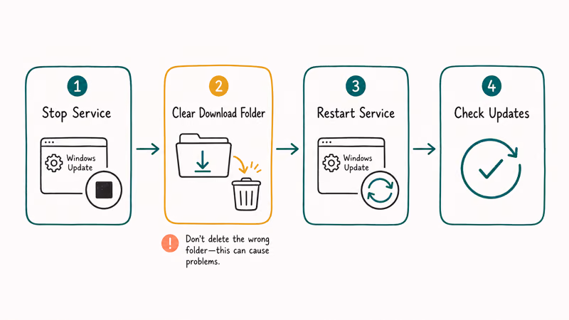 Steps to stop the update service, clear the cache folder, and recheck for updates