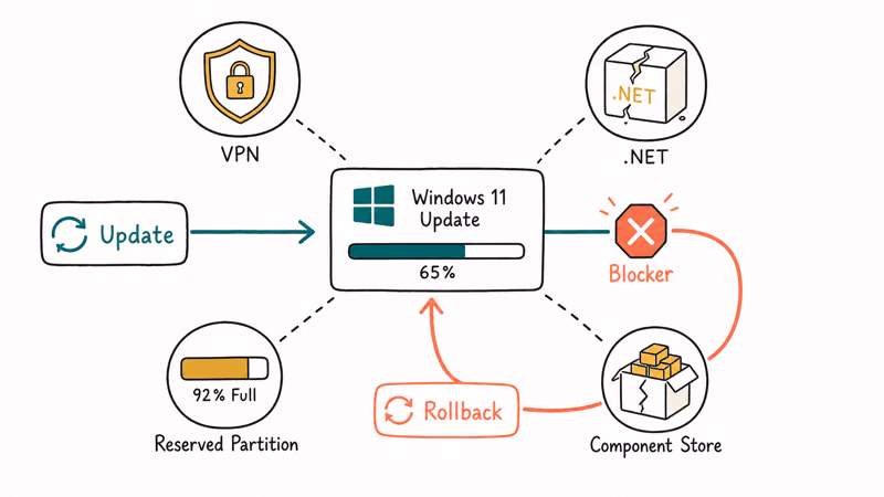 Diagram showing a Windows 11 update rolling back from four common failure causes