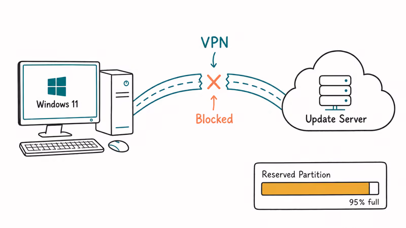 A blocked VPN tunnel stopping a Windows 11 PC from reaching Microsoft update servers