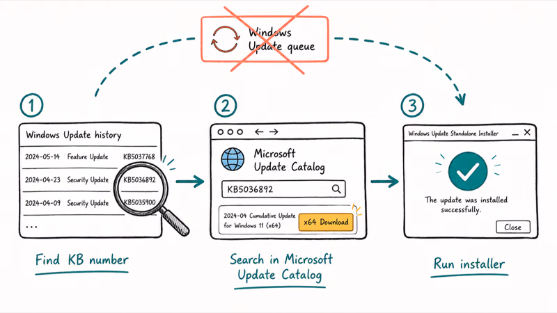 Three steps to find a KB number and install a Windows update manually from the Microsoft Catalog
