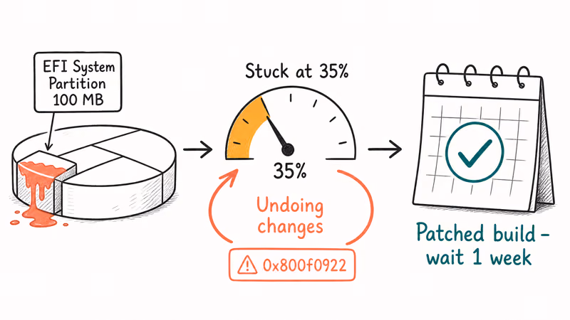 Overflowing small EFI partition causing a Windows update to stall at 35 percent and roll back