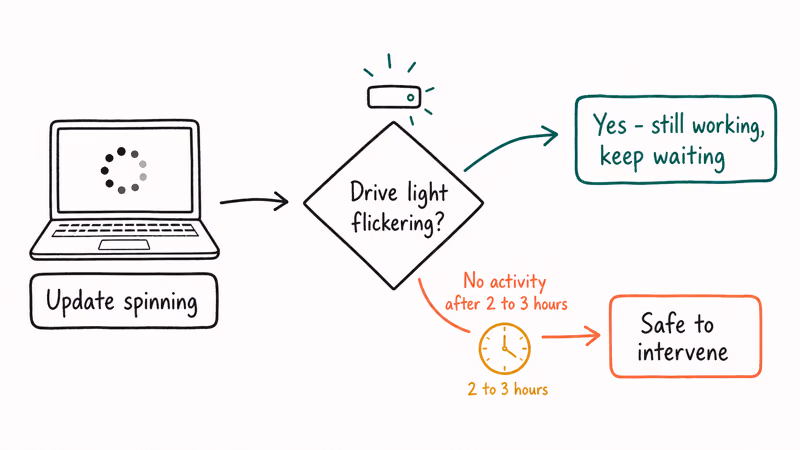 Decision flow checking drive activity light to tell a slow Windows update from a frozen one