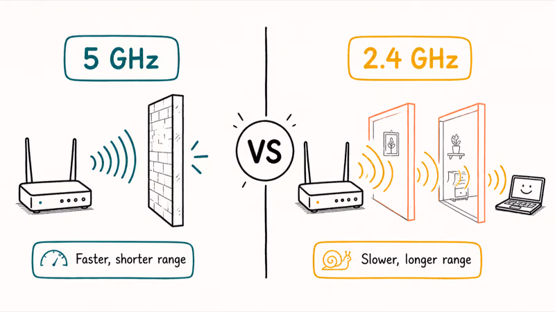 Side by side comparison of 5 GHz speed versus 2.4 GHz range and coverage