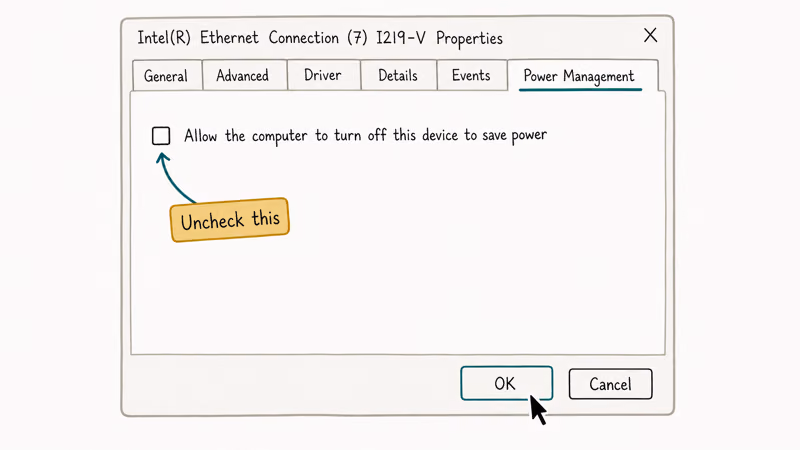Windows Device Manager Power Management tab with the turn off device checkbox unchecked