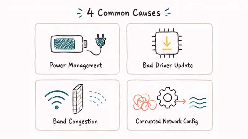 Four main causes of Windows 11 Wi-Fi disconnects shown as labeled illustrated cards
