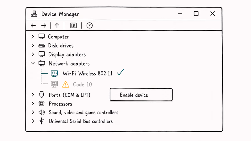 Device Manager showing the wireless network adapter entry with a yellow warning triangle and code