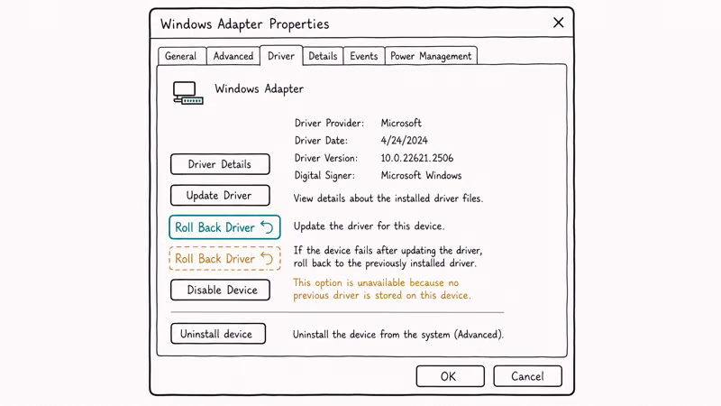 Wireless adapter driver properties tab with the Roll Back Driver button highlighted for recovery
