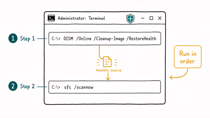 Administrator terminal running DISM RestoreHealth first then SFC scannow to repair Windows system files