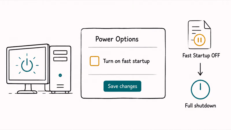 Windows 11 Power Options panel with the Turn on fast startup checkbox unchecked