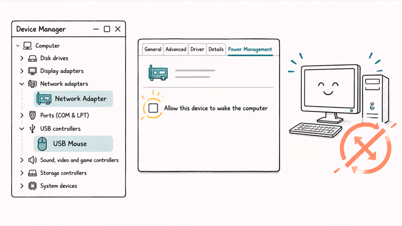 Device Manager Power Management tab clearing the option allowing a device to wake the computer