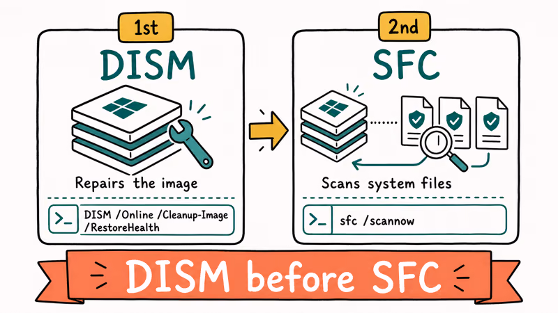Running DISM before SFC to repair corrupted Windows 11 system files in order