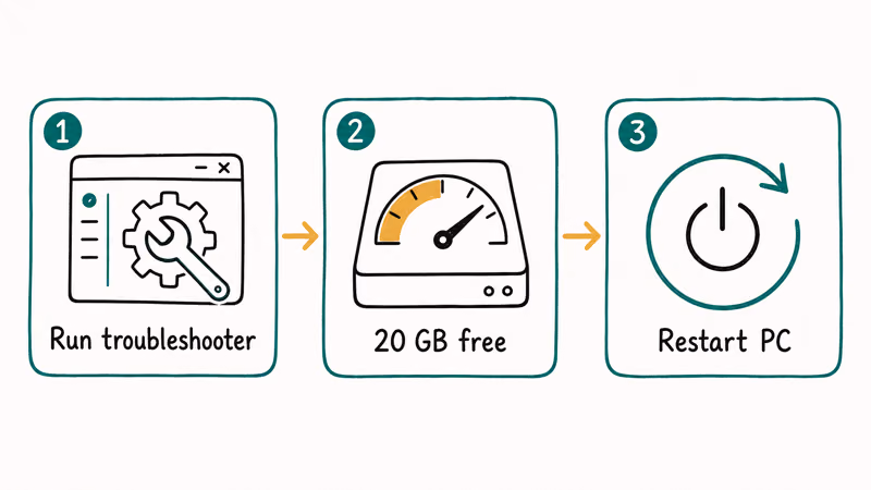 Three fast first fixes for Windows update failures shown as simple sequential icons