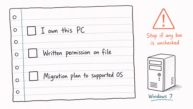 Pre-reset ownership checklist with three checkboxes for legal Windows 7 password recovery on your own computer