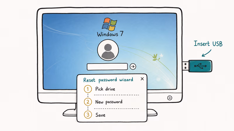 Windows 7 login screen with USB reset disk inserted and a three-step reset password wizard popup card visible