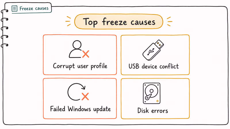 Grid of four Windows 7 welcome screen freeze causes including corrupt profile USB conflict update and disk errors