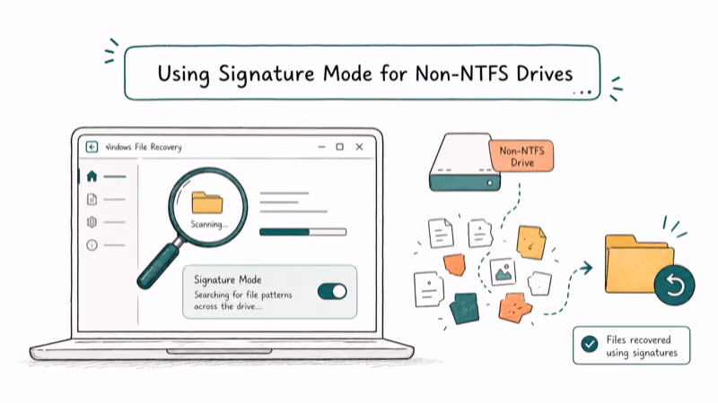 Hand-drawn illustration: Using Signature Mode for Non-NTFS Drives