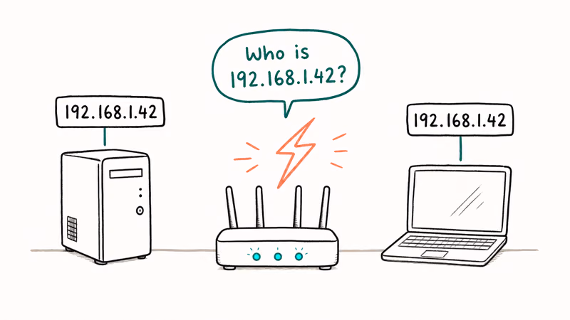 Hand-drawn scene with router and two PCs claiming the same IP address with a clash icon between them.