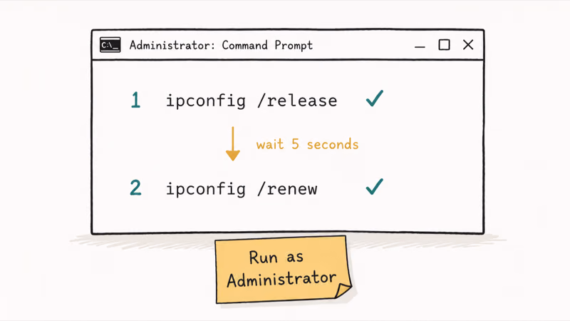 Command Prompt illustration showing ipconfig release then renew sequence with a wait step between them.